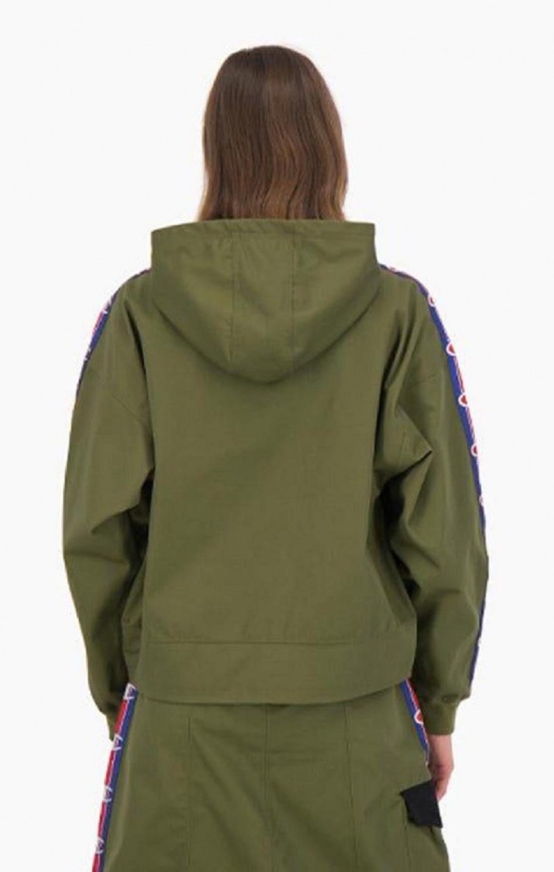 Champion Double Zip Logo Tape Utility Hætte Jacket Hættetrøje Dame Olivengrøn Grøn | 8964-JPEBG