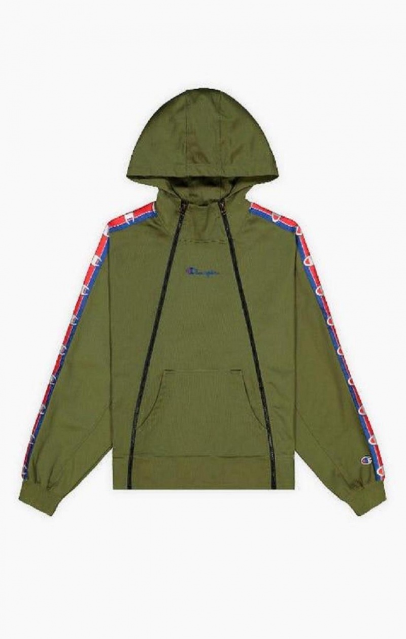 Champion Double Zip Logo Tape Utility Hætte Jacket Hættetrøje Dame Olivengrøn Grøn | 8964-JPEBG