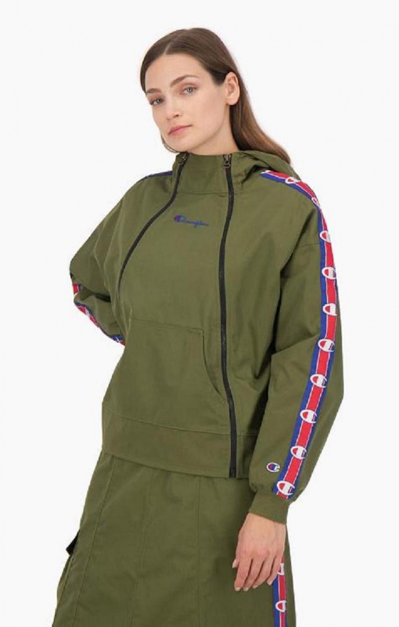 Champion Double Zip Logo Tape Utility Hætte Jacket Hættetrøje Dame Olivengrøn Grøn | 8964-JPEBG