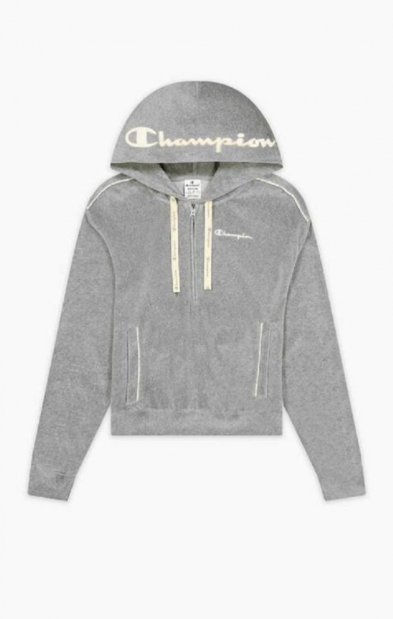 Champion Embroidered Logo Half Zip-Up Velour Hoodie Hættetrøje Dame Lysegrå | 0857-AKJYN