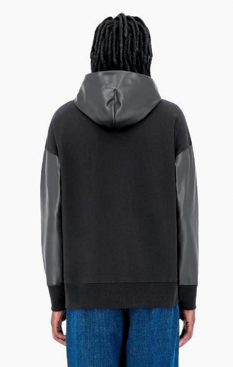 Champion Faux Læder Panel Reverse Weave Hoodie Hættetrøje Herre Sort | 7516-AZHVD