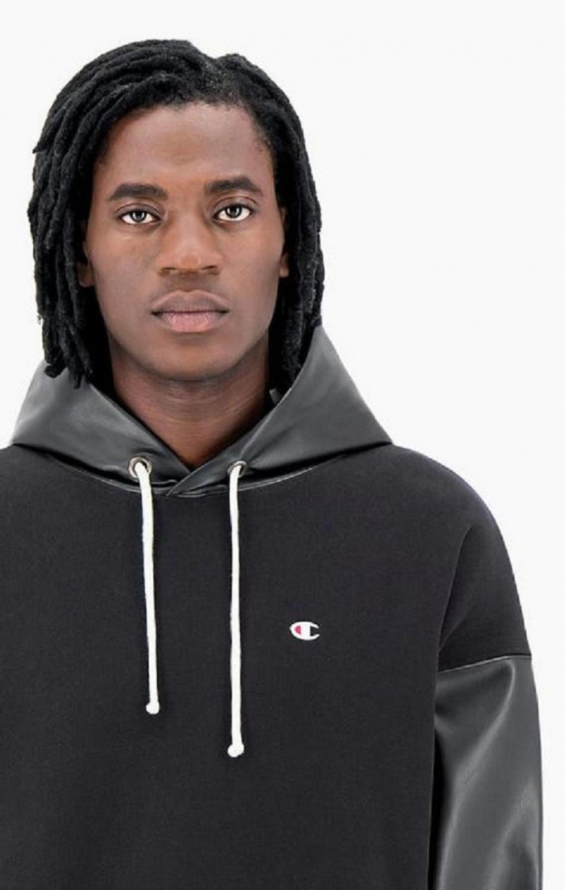 Champion Faux Læder Panel Reverse Weave Hoodie Hættetrøje Herre Sort | 7516-AZHVD