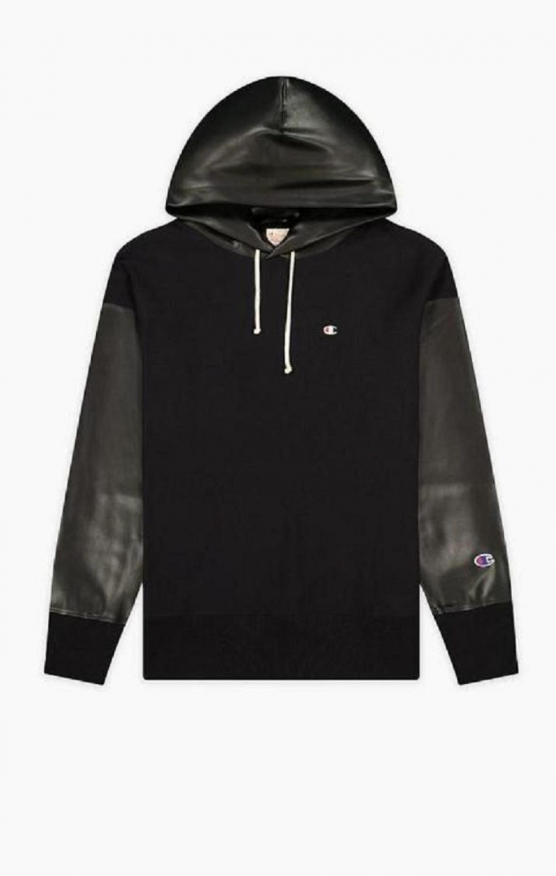 Champion Faux Læder Panel Reverse Weave Hoodie Hættetrøje Herre Sort | 7516-AZHVD