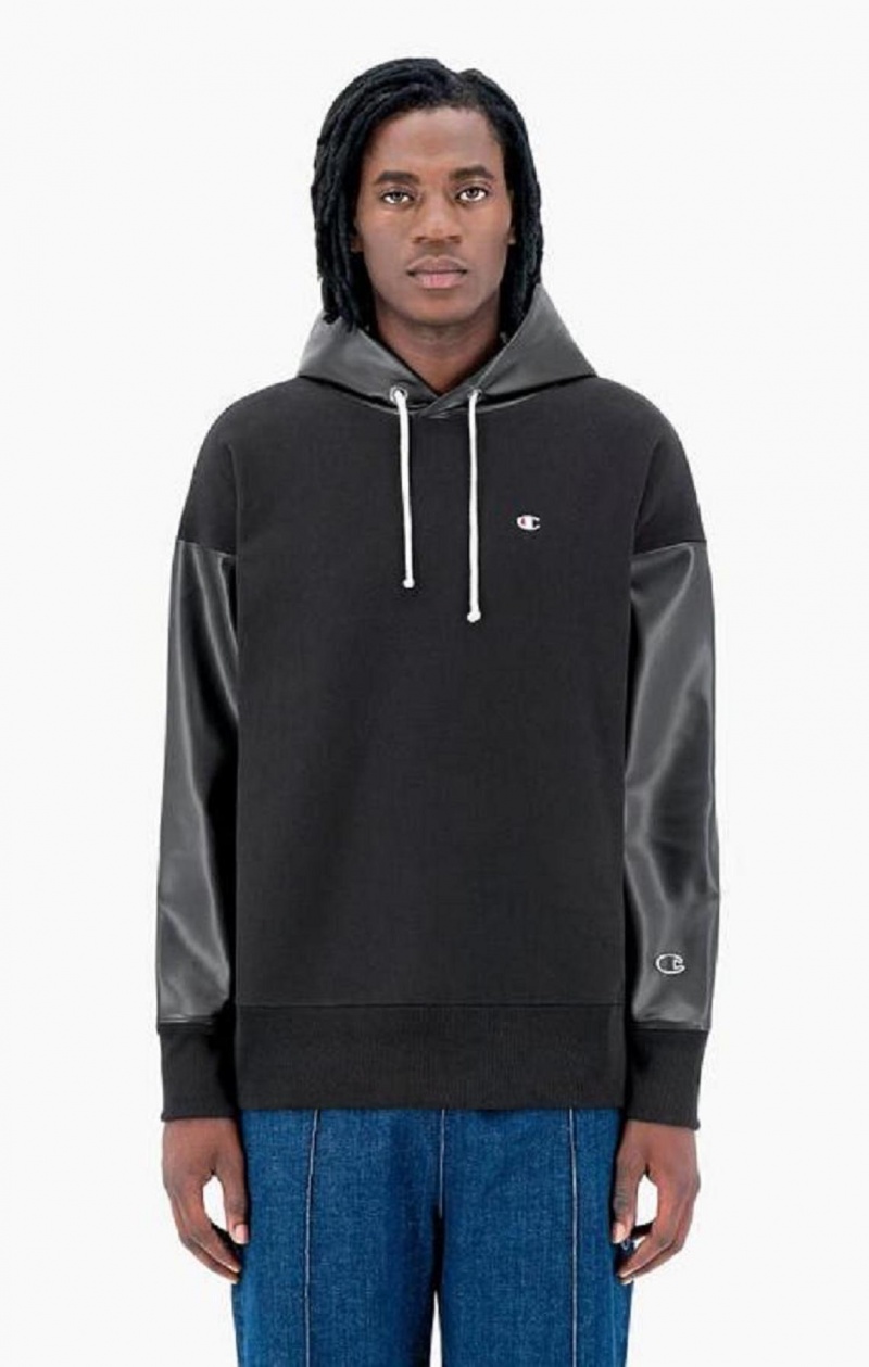 Champion Faux Læder Panel Reverse Weave Hoodie Hættetrøje Herre Sort | 7516-AZHVD