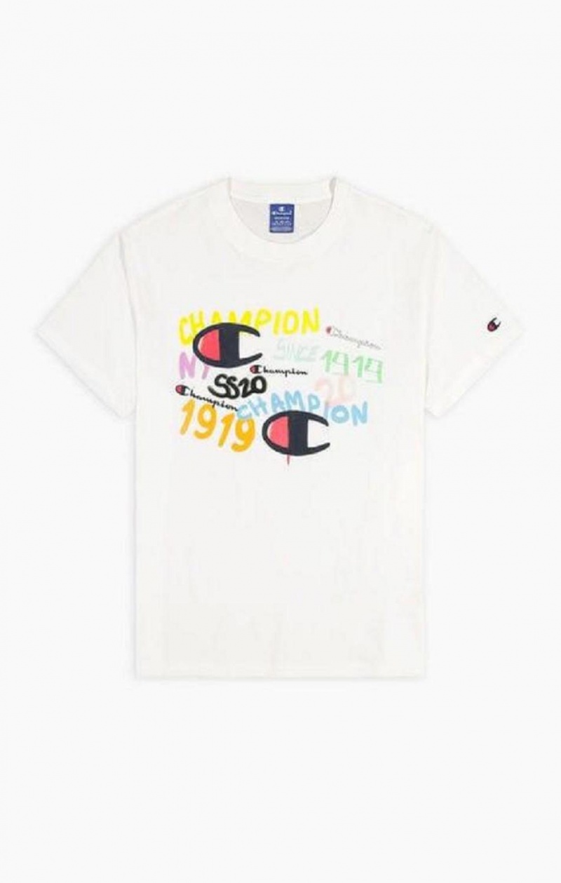 Champion Graffiti Logo Print T-Shirt T Shirts Herre Hvide | 6057-PWSGT