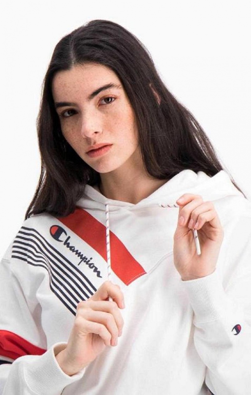 Champion Grafisk Stripe And Colour Block Hoodie Hættetrøje Dame Hvide | 0294-YKTPX