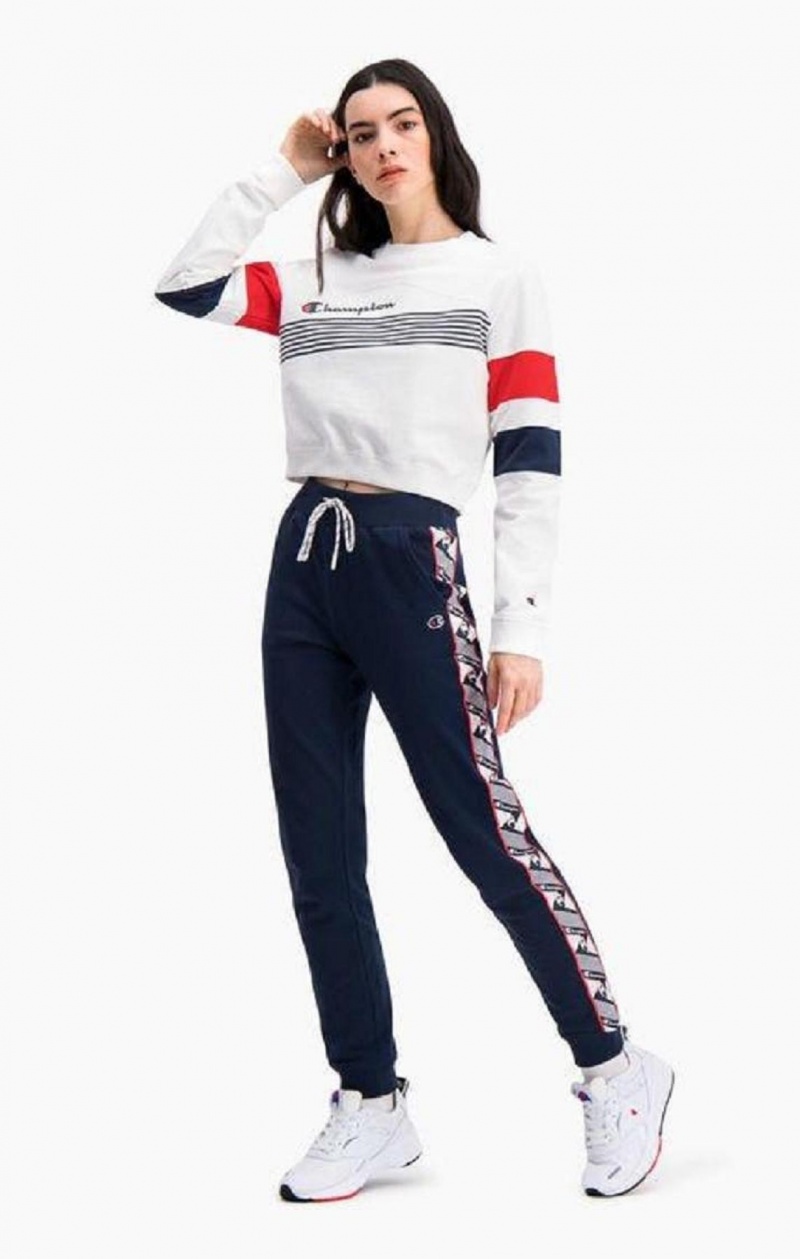 Champion Grafisk Stripe And Colour Block Cropped Sweatshirt Sweatshirts Dame Hvide | 9742-KMWPA