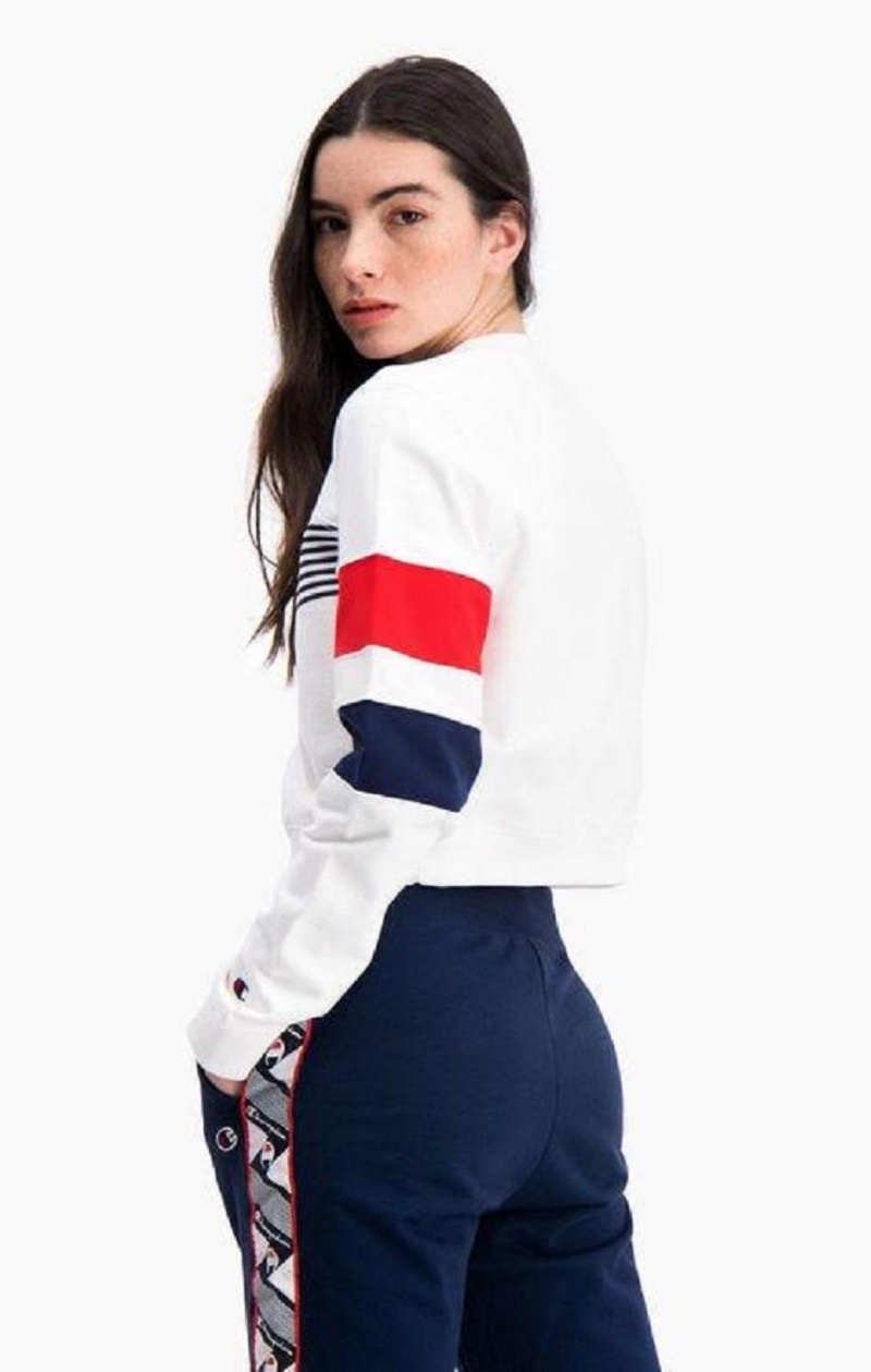 Champion Grafisk Stripe And Colour Block Cropped Sweatshirt Sweatshirts Dame Hvide | 9742-KMWPA