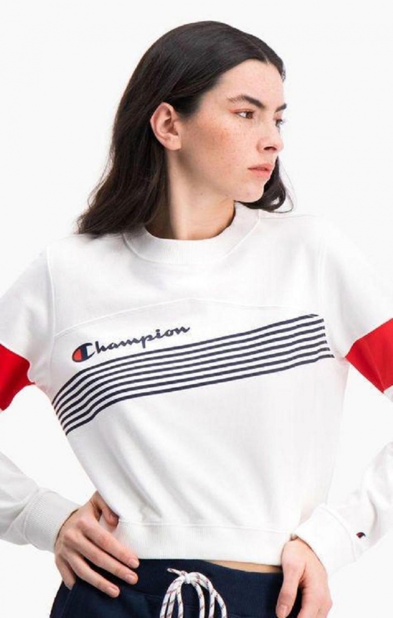 Champion Grafisk Stripe And Colour Block Cropped Sweatshirt Sweatshirts Dame Hvide | 9742-KMWPA