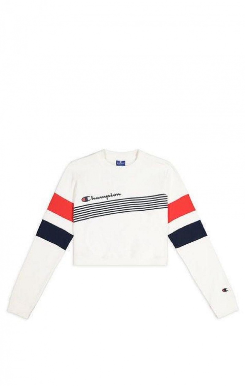 Champion Grafisk Stripe And Colour Block Cropped Sweatshirt Sweatshirts Dame Hvide | 9742-KMWPA