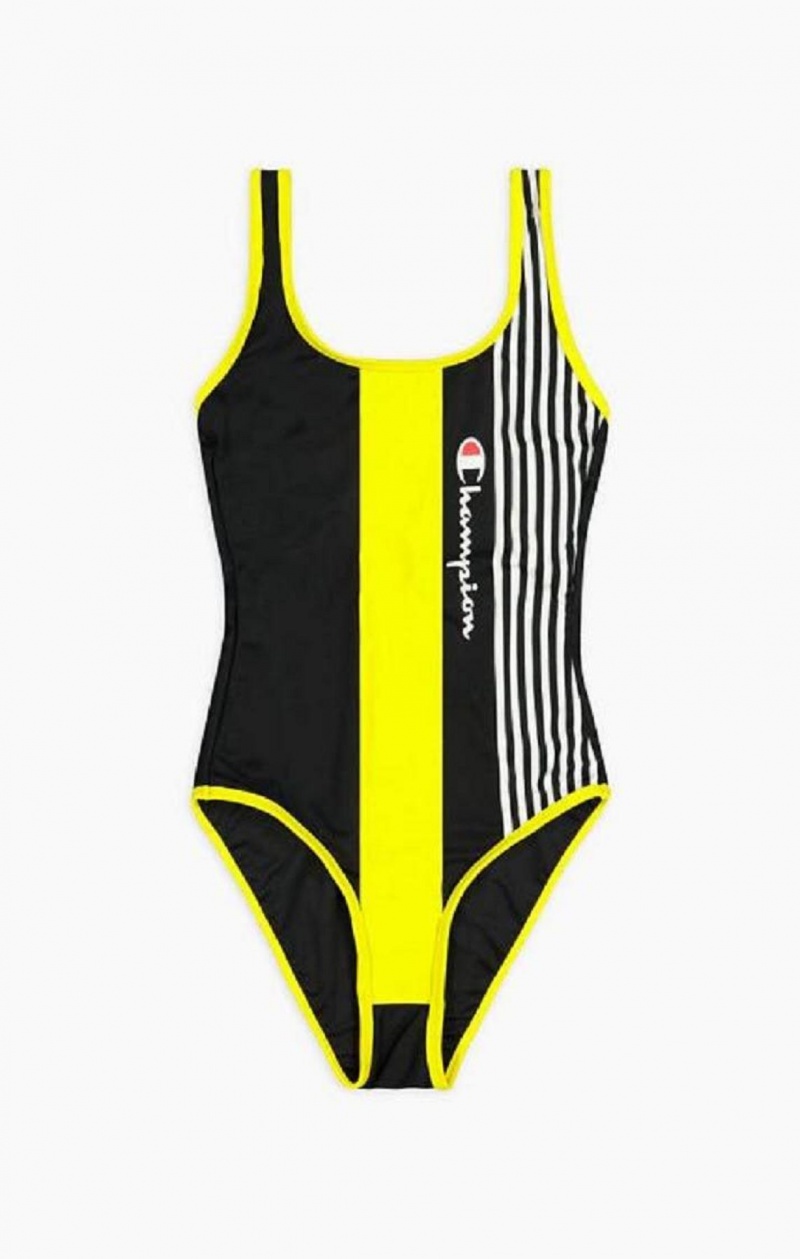 Champion Grafisk Stripe Logo Scoop Back Swimsuit Badetøj Dame Sort | 9012-ZSHGT