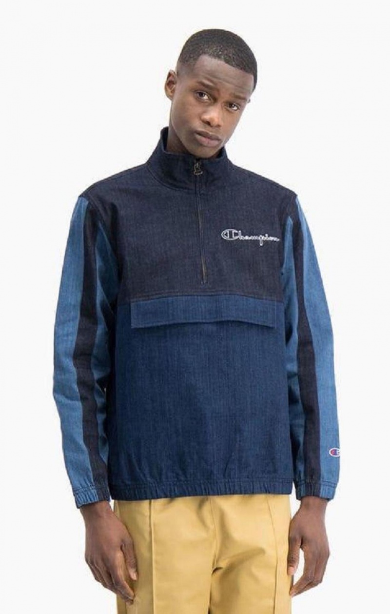 Champion Half Zip-Up Denim Patchwork Sweatshirt Sweatshirts Herre Turkis Blå | 7641-DUXKB