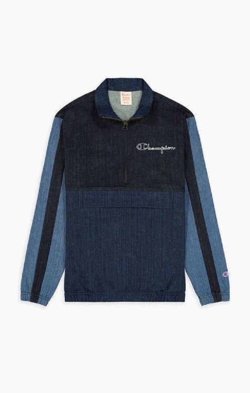 Champion Half Zip-Up Denim Patchwork Sweatshirt Sweatshirts Herre Turkis Blå | 7641-DUXKB