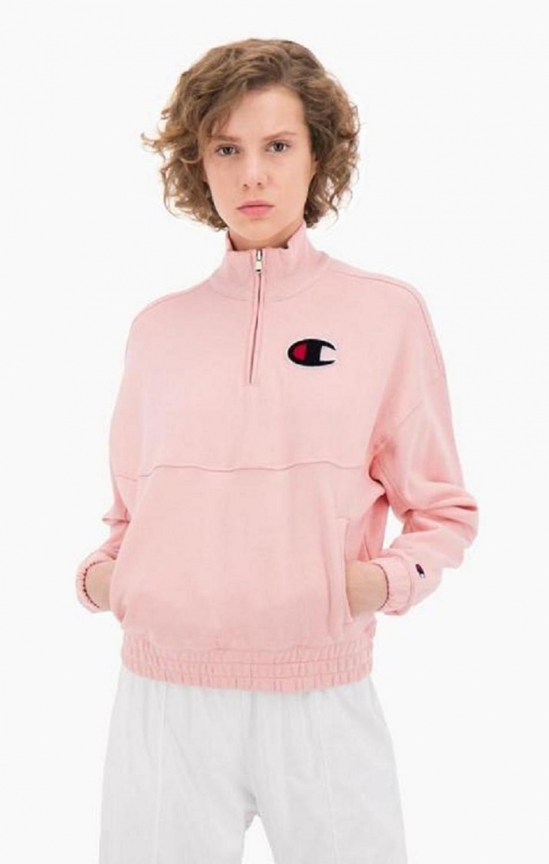 Champion Half Zip-Up Fleece Velvet C Sweatshirt Sweatshirts Dame Lyserød | 6913-GLQYO