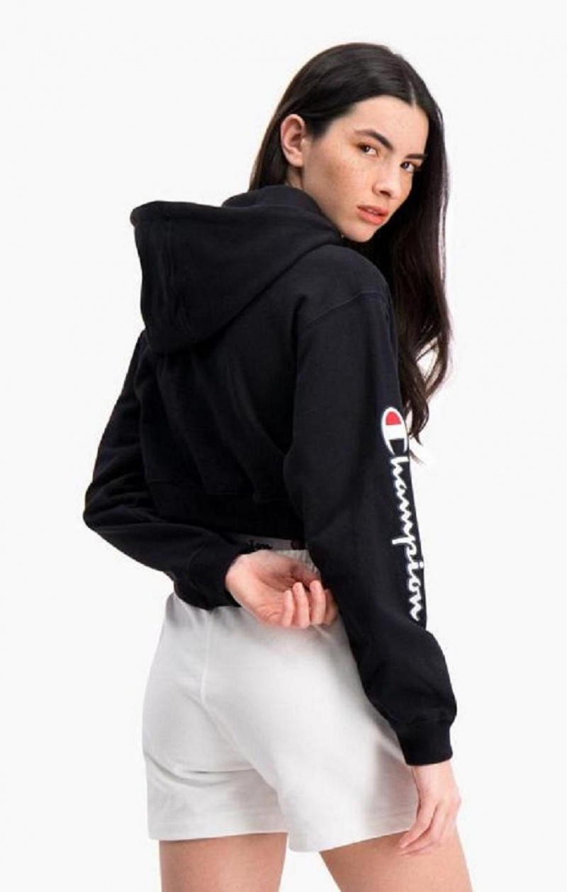 Champion Half Zip-Up Script Logo Arm Hoodie Hættetrøje Dame Sort | 9203-AIYFD