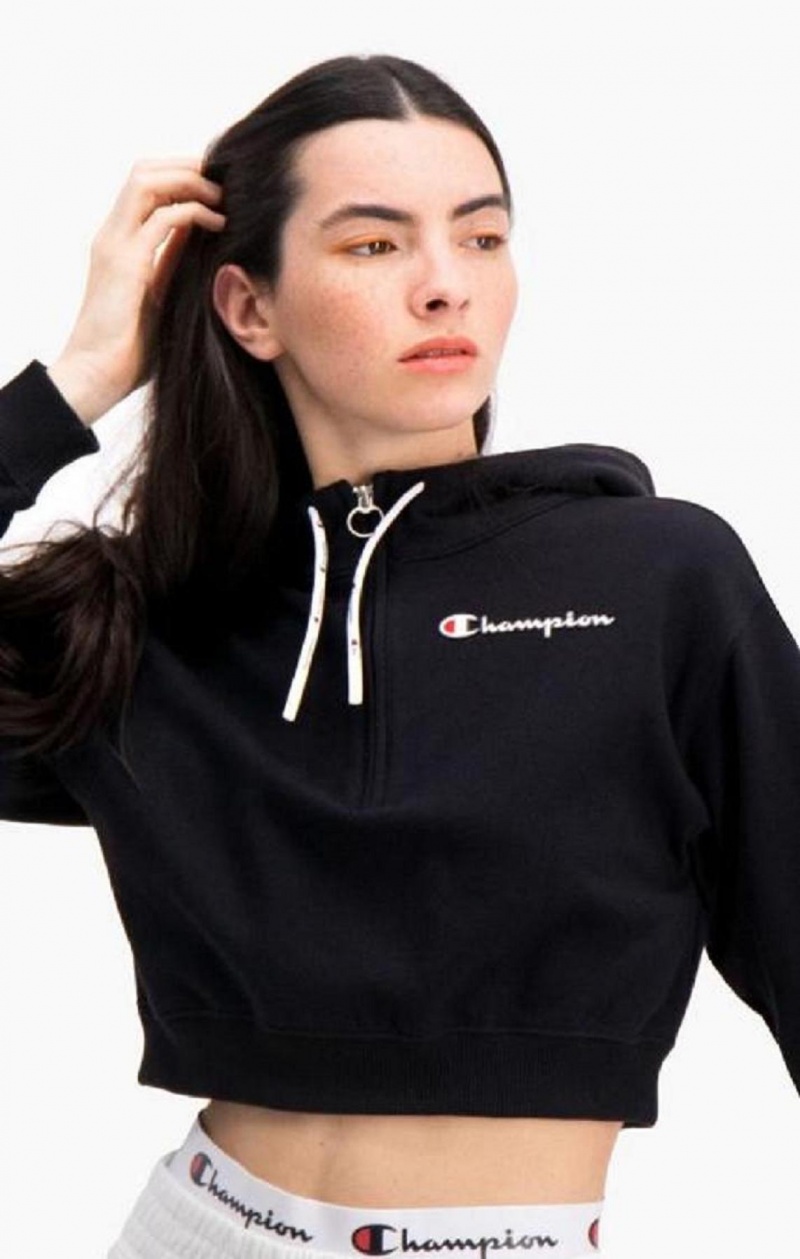 Champion Half Zip-Up Script Logo Arm Hoodie Hættetrøje Dame Sort | 9203-AIYFD