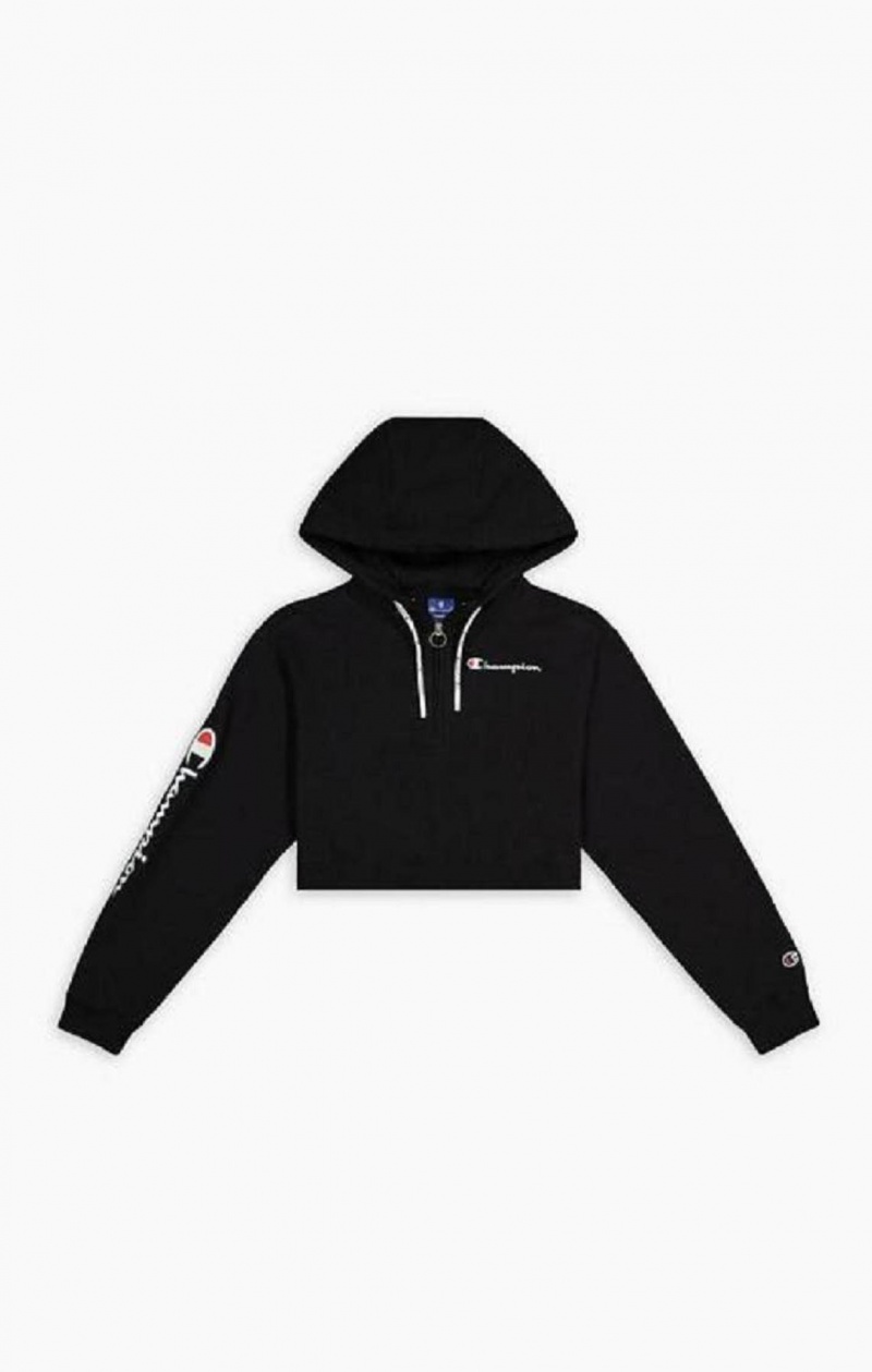 Champion Half Zip-Up Script Logo Arm Hoodie Hættetrøje Dame Sort | 9203-AIYFD