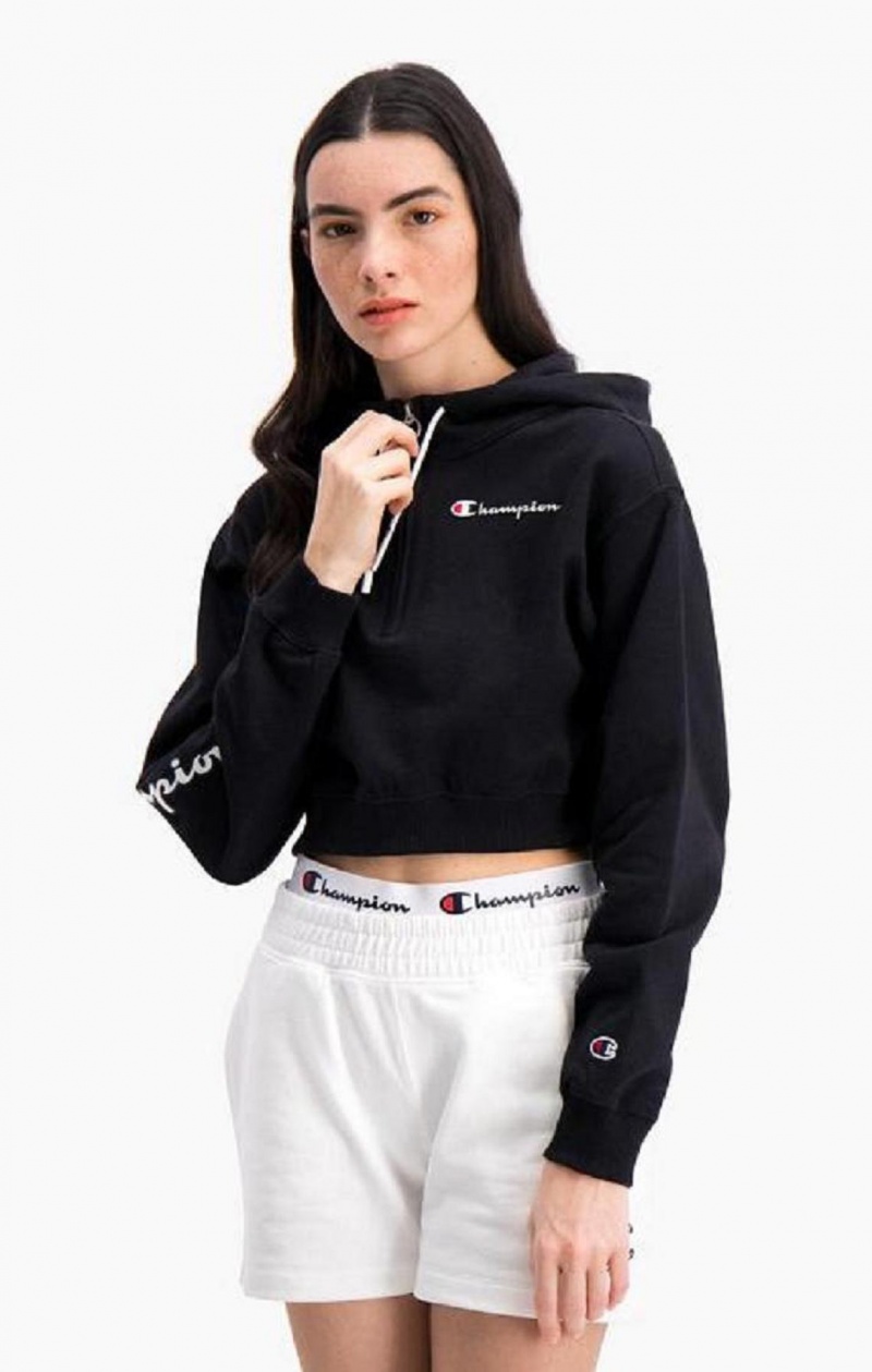 Champion Half Zip-Up Script Logo Arm Hoodie Hættetrøje Dame Sort | 9203-AIYFD