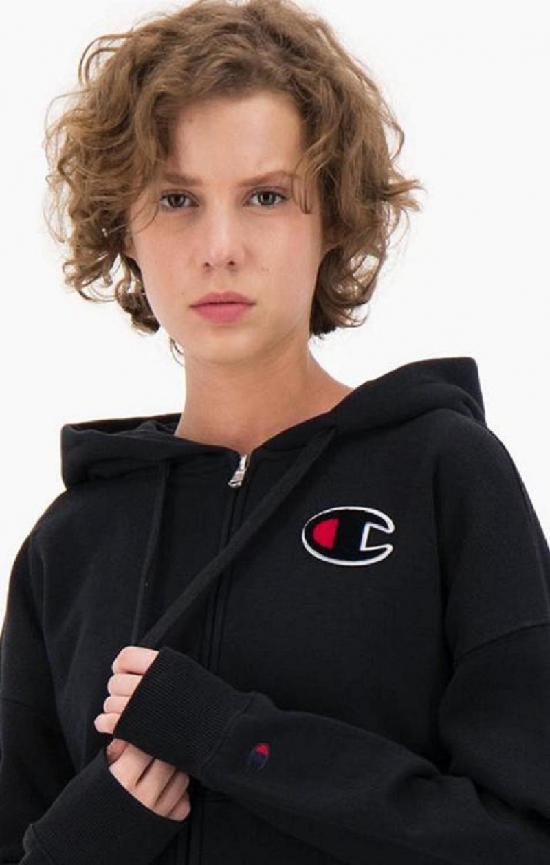 Champion Logo Bomulds Terry Hoodie Hættetrøje Dame Sort | 0354-HMNDU