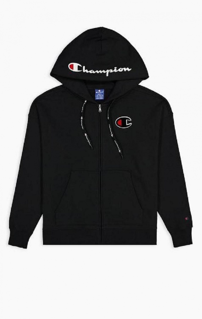 Champion Logo Bomulds Terry Hoodie Hættetrøje Dame Sort | 0354-HMNDU