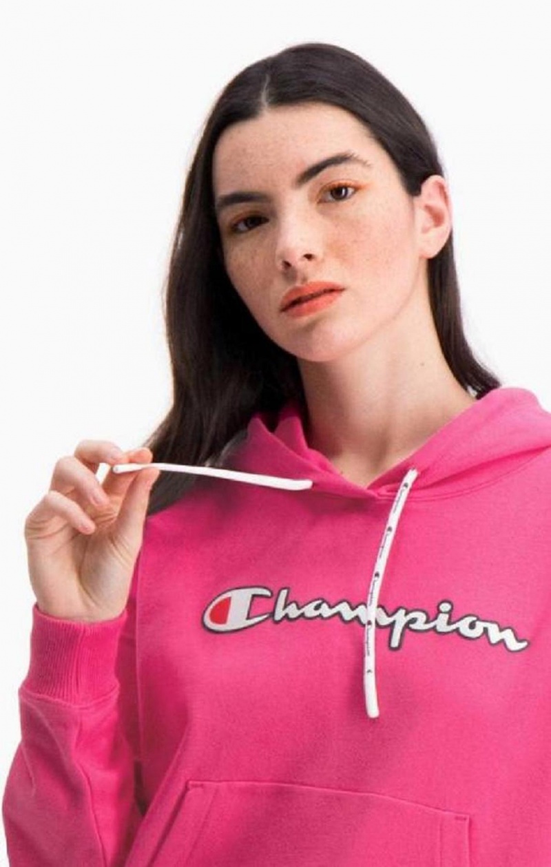 Champion Logo Bomulds Terry Hoodie Hættetrøje Dame Mørkelyserød | 7209-DVECF