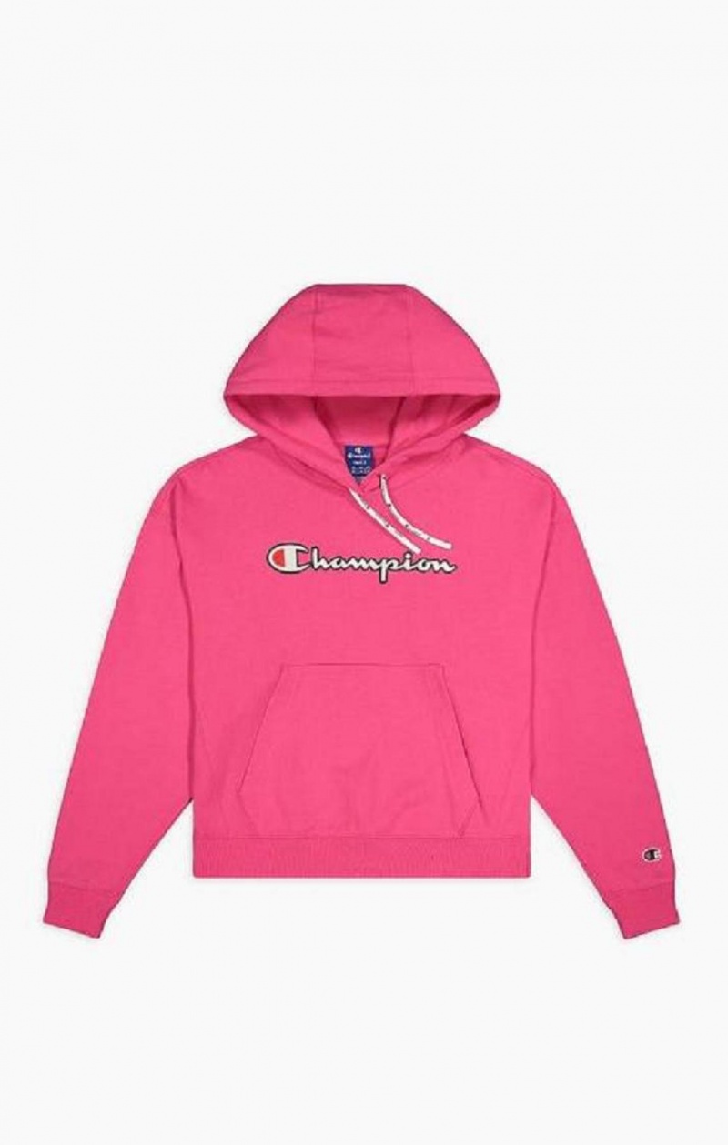 Champion Logo Bomulds Terry Hoodie Hættetrøje Dame Mørkelyserød | 7209-DVECF