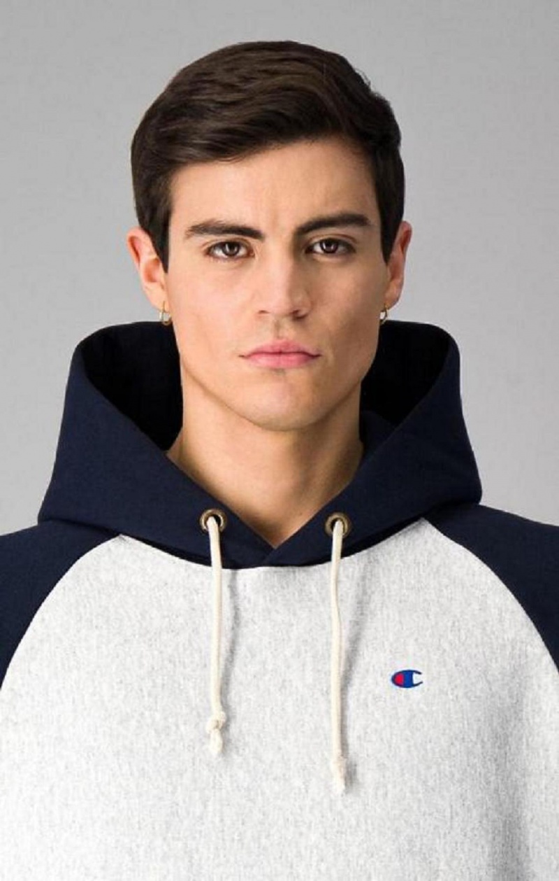 Champion Logo Hood Colour Block Reverse Weave Hoodie Hættetrøje Herre Lysegrå | 2795-UYQWF