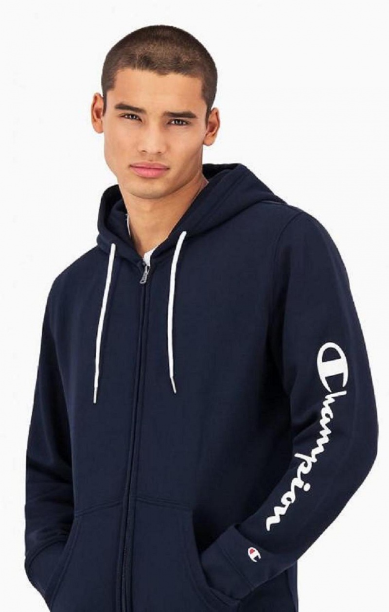 Champion Logo Sleeve Zip-Up Fleece Hoodie Hættetrøje Herre Mørkeblå | 3274-BXZWQ