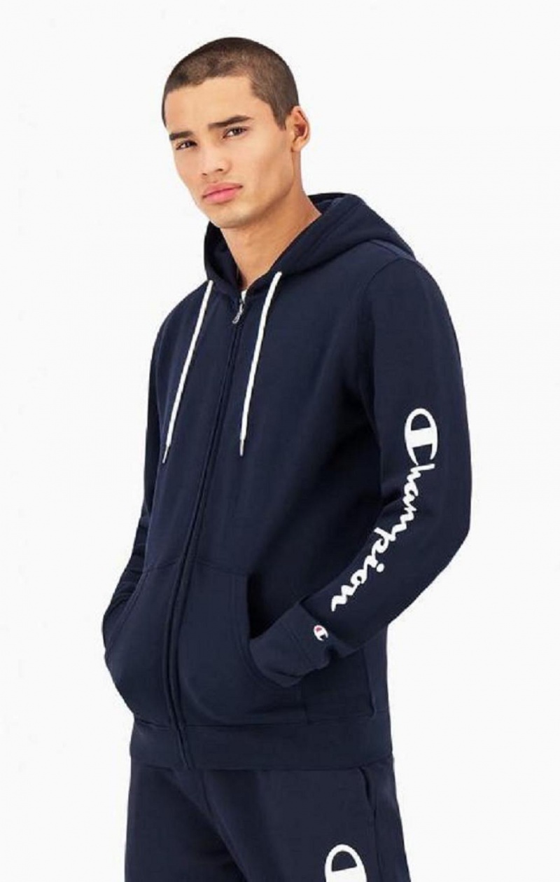 Champion Logo Sleeve Zip-Up Fleece Hoodie Hættetrøje Herre Mørkeblå | 3274-BXZWQ