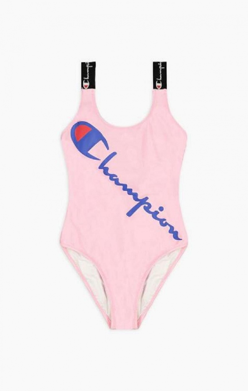 Champion Logo Straps Diagonal Script Logo Swimsuit Badetøj Dame Lyserød | 2189-WGCHU