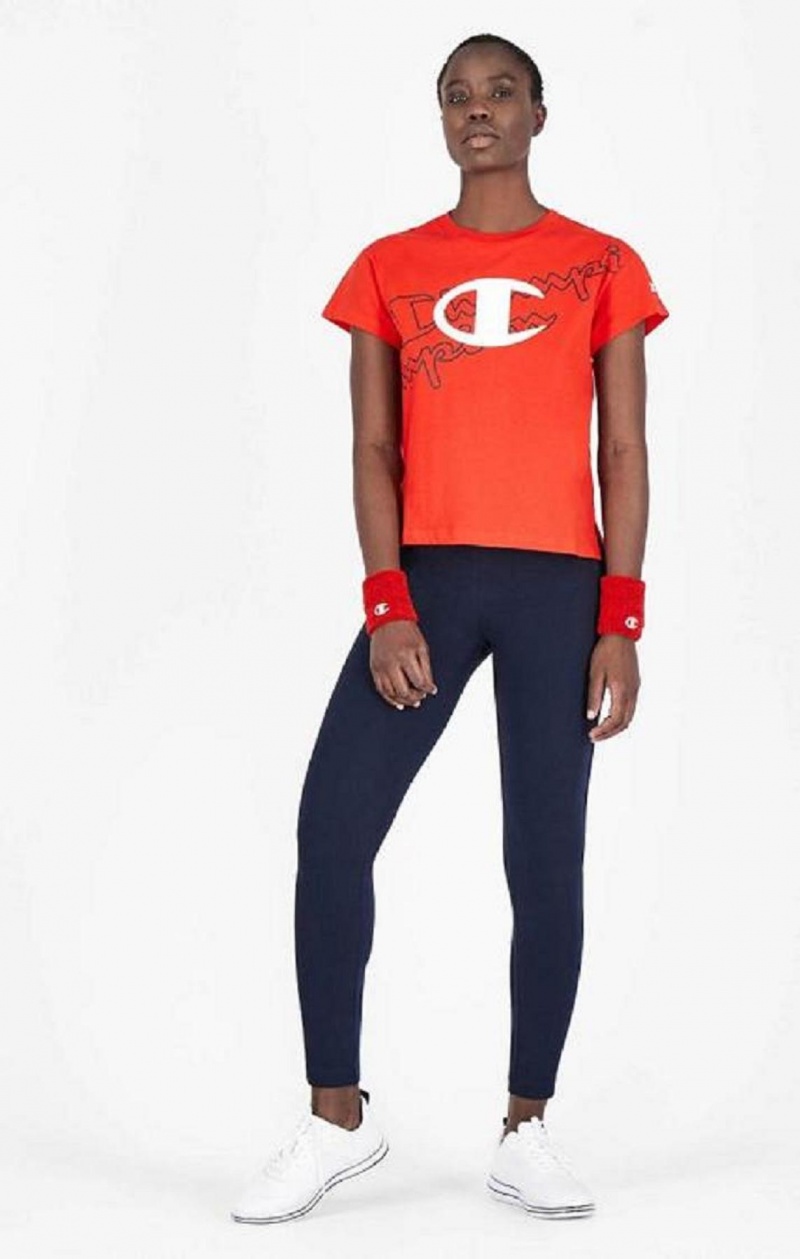 Champion Multi Logo Cropped T-Shirt T Shirts Dame Rød | 4972-BAHKP