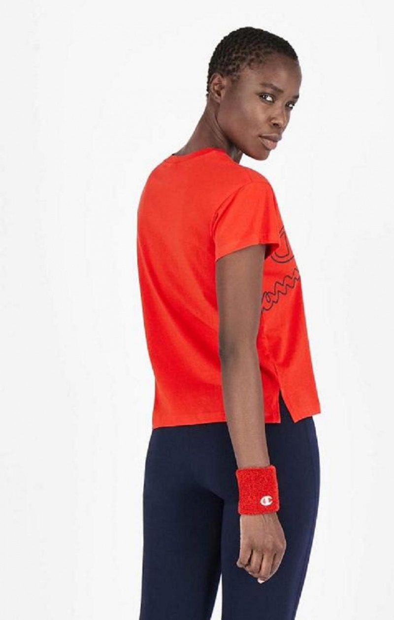 Champion Multi Logo Cropped T-Shirt T Shirts Dame Rød | 4972-BAHKP