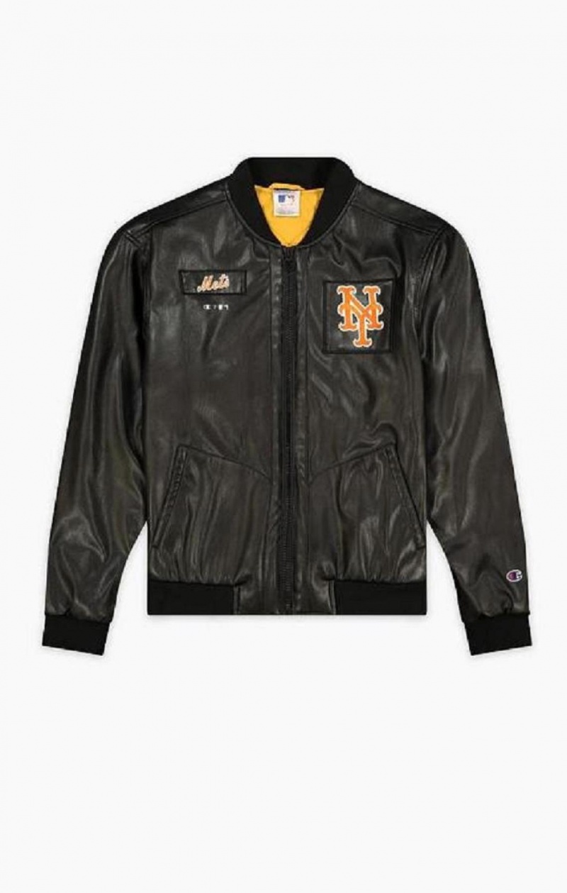 Champion New York MLB Fake Læder Bomber Jacket Jakker Herre Sort | 0743-ZHUVE