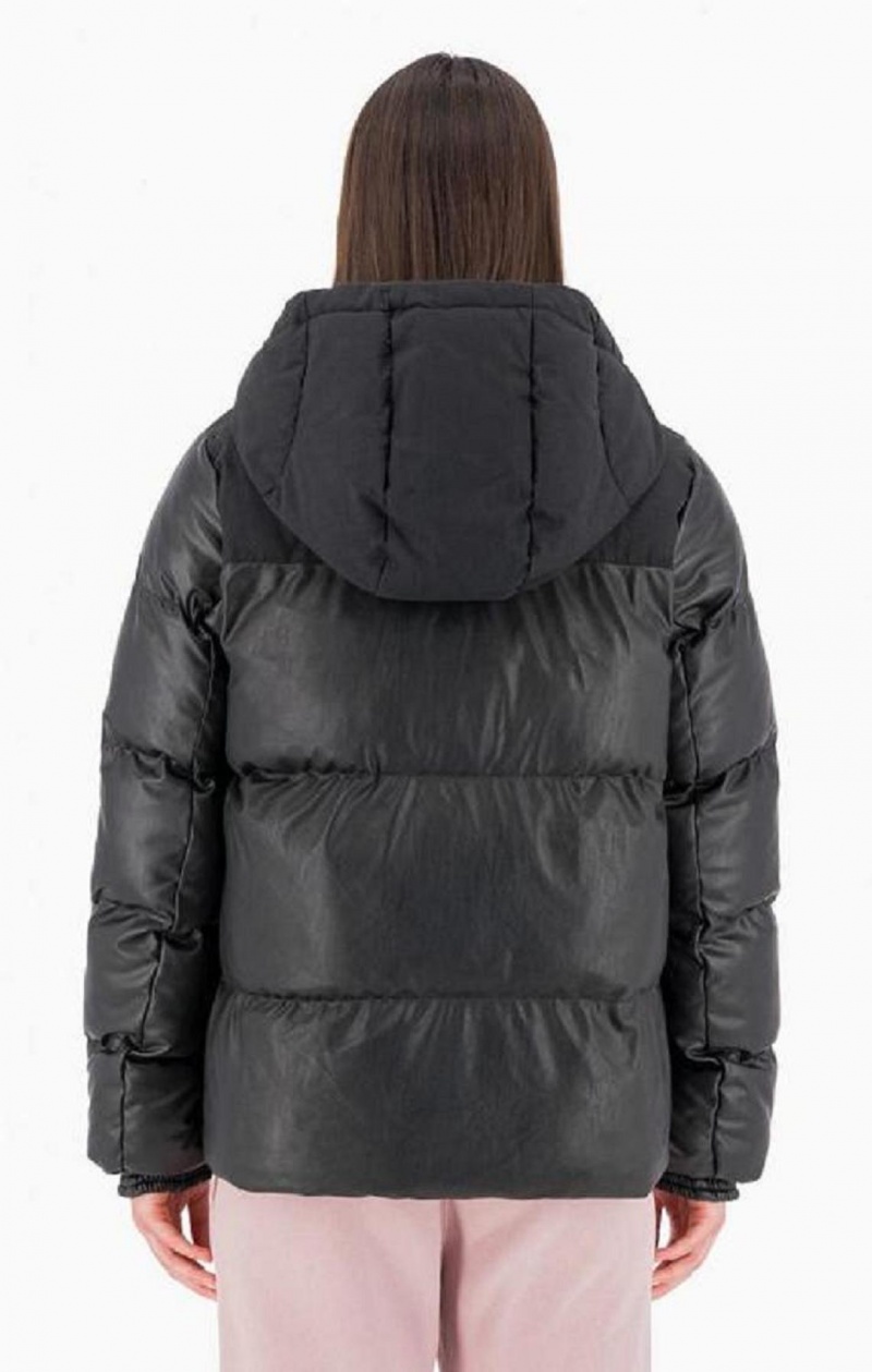 Champion Oversized Faux Læder Detail Hætte Jacket Jakker Dame Sort | 0216-MYACX