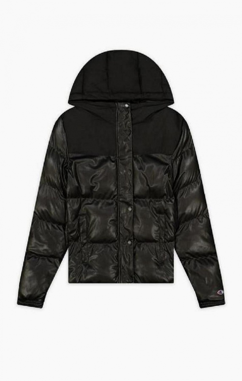 Champion Oversized Faux Læder Detail Hætte Jacket Jakker Dame Sort | 0216-MYACX