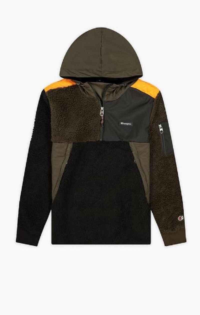 Champion Patchwork Half Zip-Up Teddy Hoodie Hættetrøje Herre Sort | 9037-VTNHM