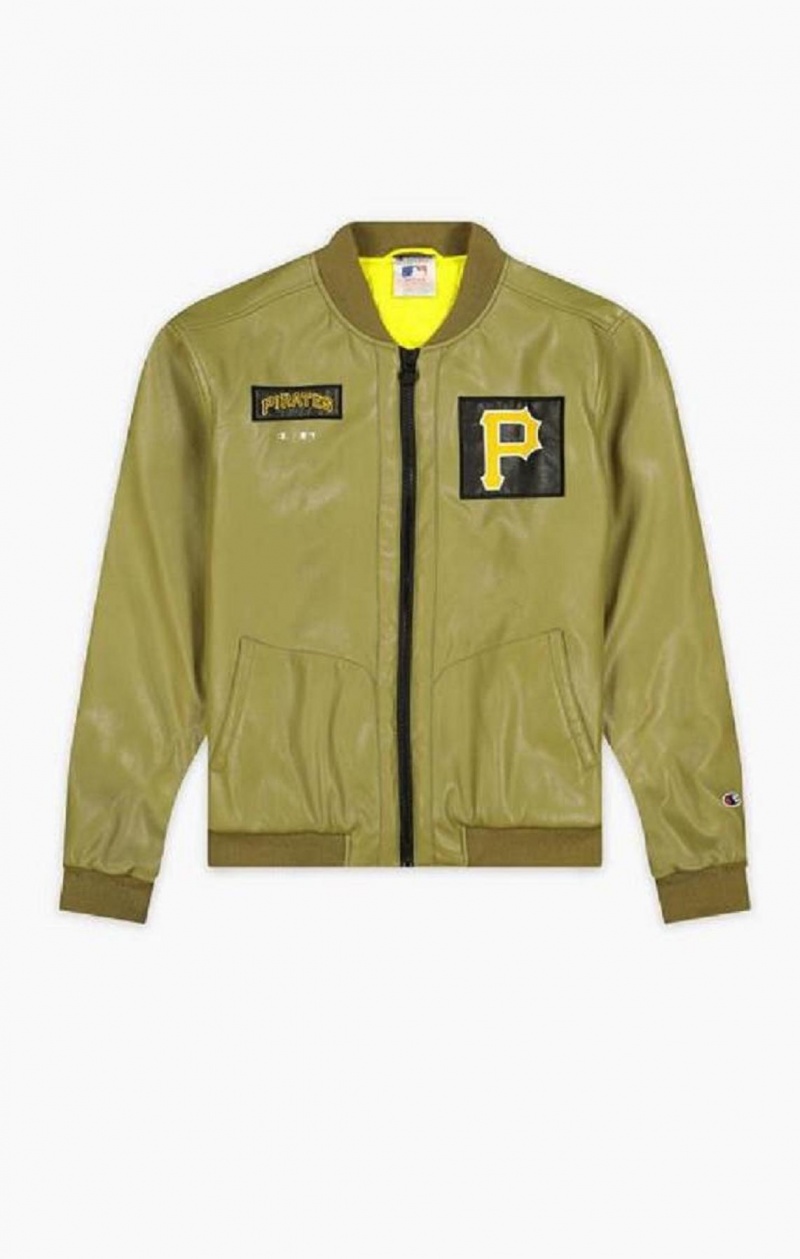 Champion Pittsburgh MLB Fake Læder Bomber Jacket Jakker Herre Olivengrøn Grøn | 9045-ZJTLY