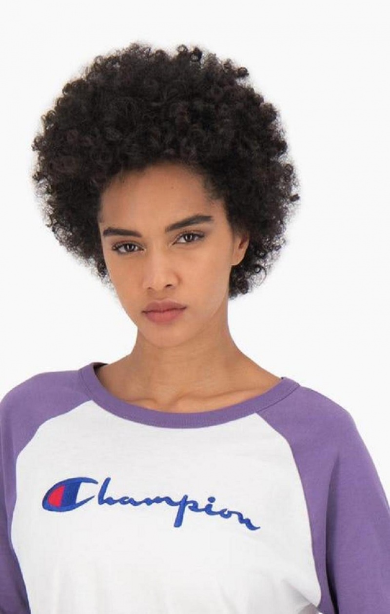 Champion Raglan Sleeve Script Logo Baseball Top T Shirts Dame Hvide Lilla | 1675-ANDRK