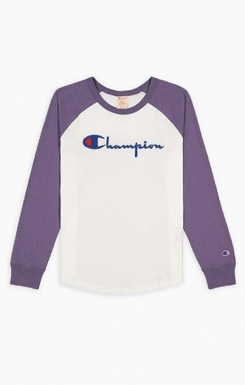 Champion Raglan Sleeve Script Logo Baseball Top T Shirts Dame Hvide Lilla | 1675-ANDRK