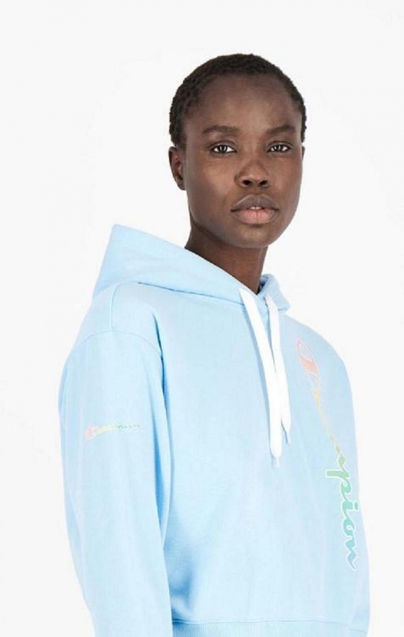 Champion Rainbow Script Logo Hoodie Hættetrøje Dame Lyseblå | 2148-TMHIE