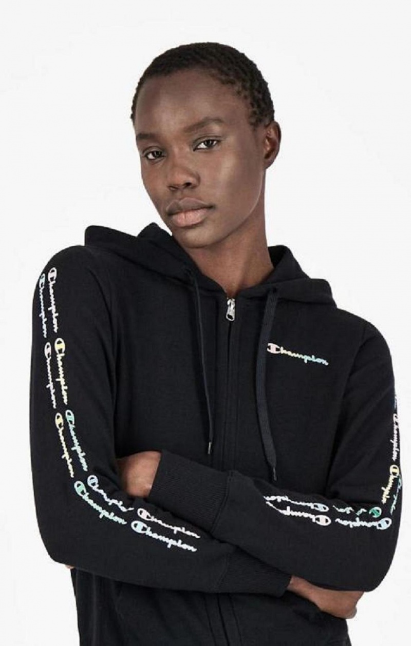 Champion Rainbow Script Logo Hoodie Hættetrøje Dame Sort | 0871-GHVNT