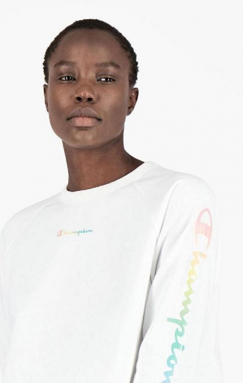 Champion Rainbow Script Logo Print Cropped Sweatshirt Sweatshirts Dame Hvide | 9357-HNEMK