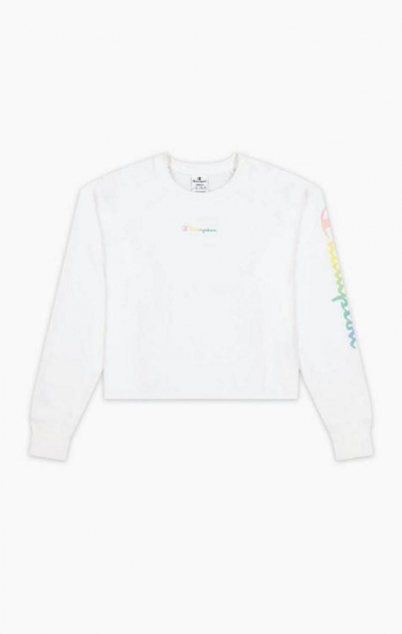 Champion Rainbow Script Logo Print Cropped Sweatshirt Sweatshirts Dame Hvide | 9357-HNEMK