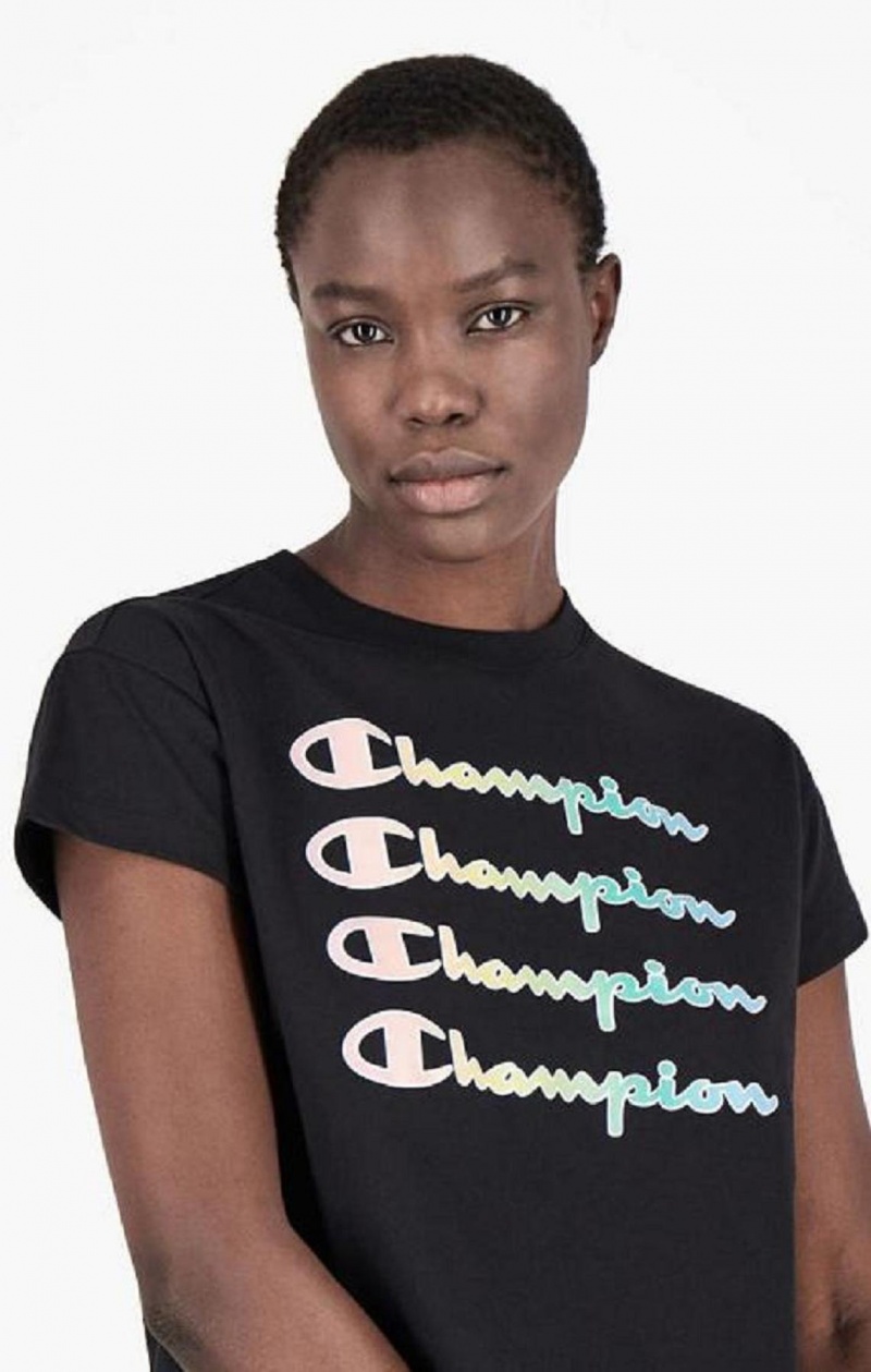 Champion Rainbow Script Logo Print T-Shirt T Shirts Dame Sort | 2617-EONJT