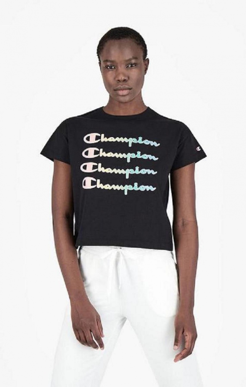 Champion Rainbow Script Logo Print T-Shirt T Shirts Dame Sort | 2617-EONJT