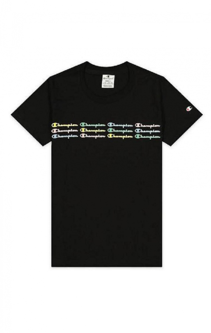 Champion Rainbow Script Logo Print T-Shirt T Shirts Dame Sort | 9601-UEQRJ