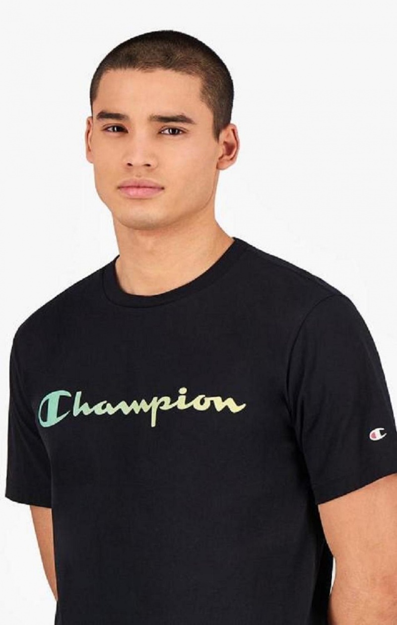 Champion Rainbow Script Logo T-Shirt T Shirts Herre Sort | 3921-IQZXK