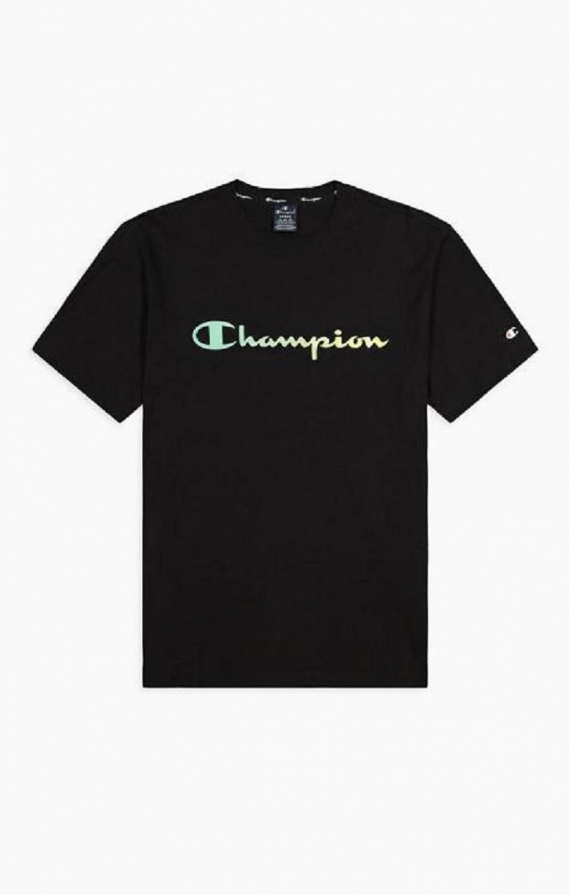 Champion Rainbow Script Logo T-Shirt T Shirts Herre Sort | 3921-IQZXK