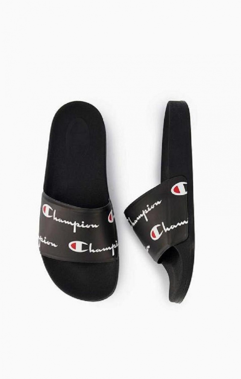 Champion Repeat Script Logo Print Pool Slides Badesandaler Dame Sort | 2435-JRBDZ