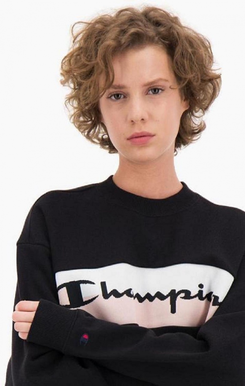 Champion Rib Insert Script Logo Bomulds Terry Sweatshirt Sweatshirts Dame Sort | 8679-AGMKL